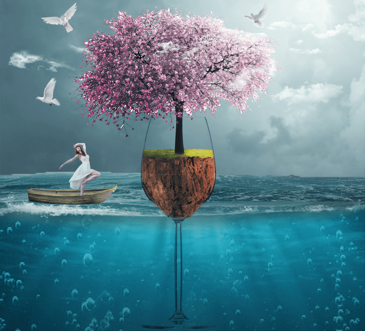 After: a wine glass filled with dirt and a cherry blossom tree in an ocean with doves in the air and a woman dancing on a boat