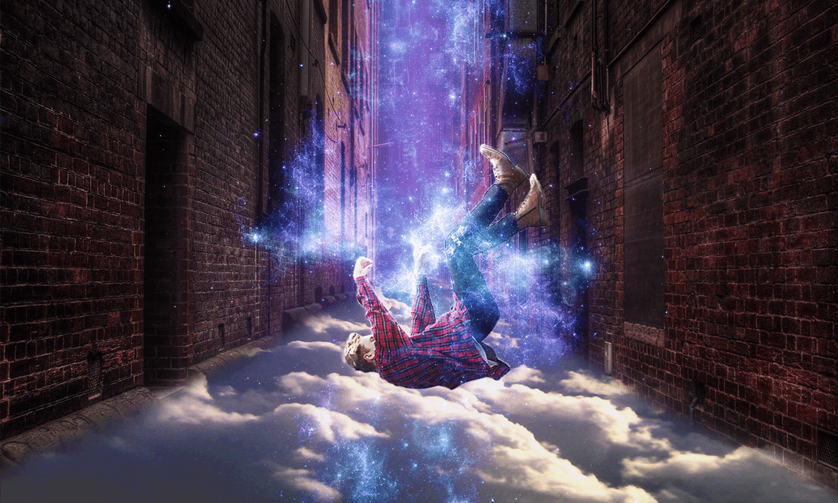 After: A man falling through space in an alleyway into clouds