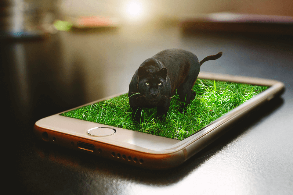 After:  an iphone laying on a table with a panther coming out of the screen