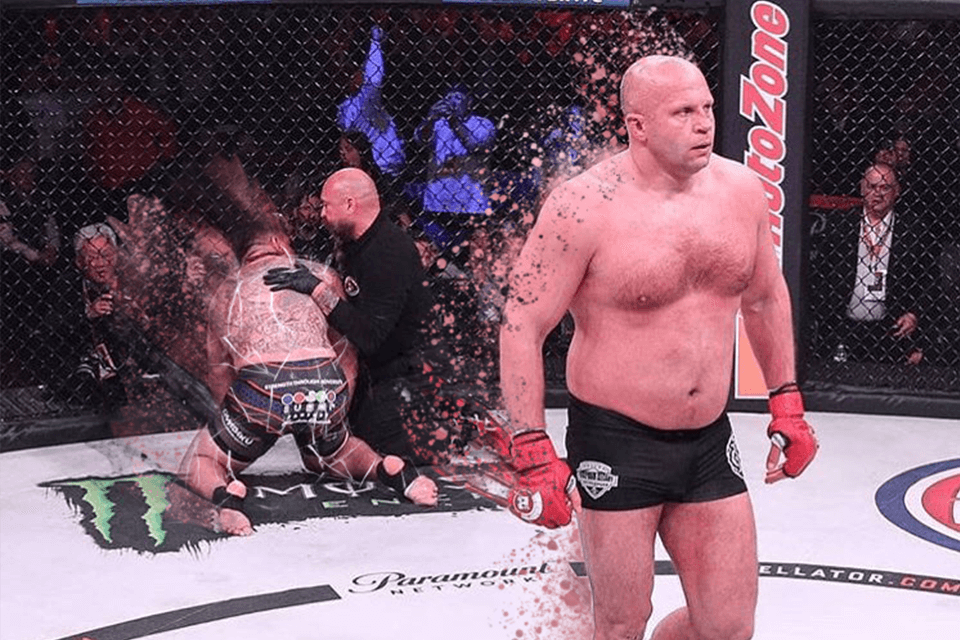 After: An mma fight stopped as the winner walks away as the both disintegrate