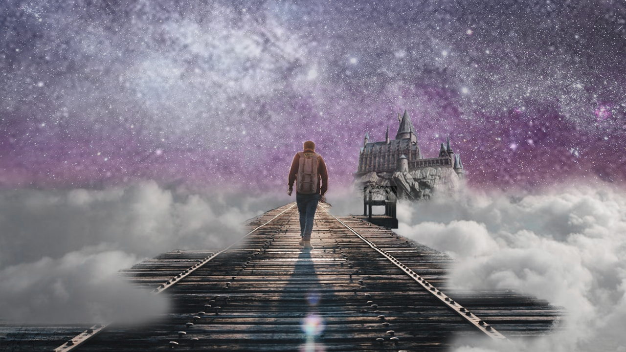 After: A man walking down train tracks in the sky with a castle in the distance