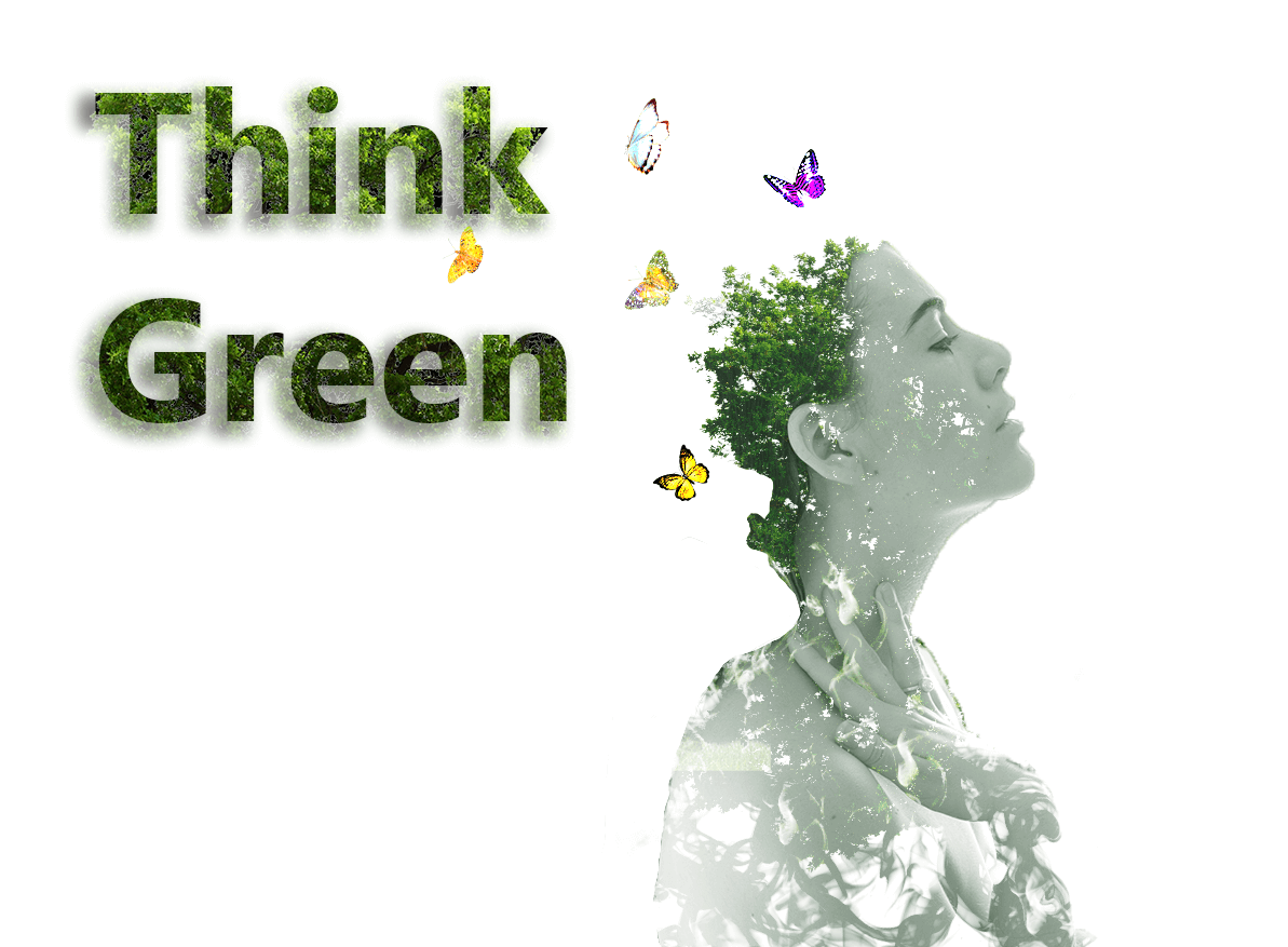 After: side view of a woman emerged in nature with butterflies coming out her head with the words think green above her