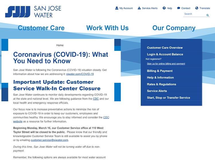 Sjwater.com homepage screenshot